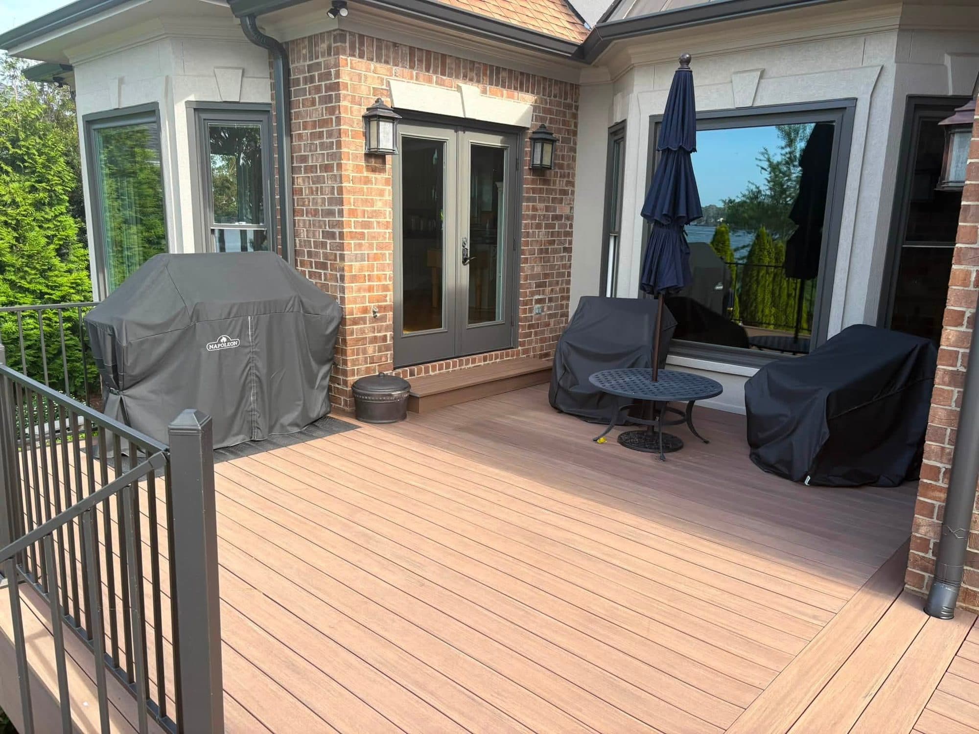 Composite wood deck with outdoor furniture